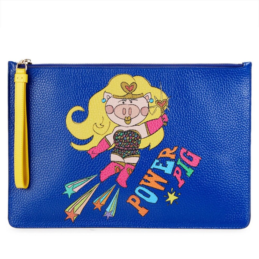 DOLCE & GABBANA BAG POWER PIG BLUE LEATHER POUCH w WRISTLET STRAP - Picture 2 of 12